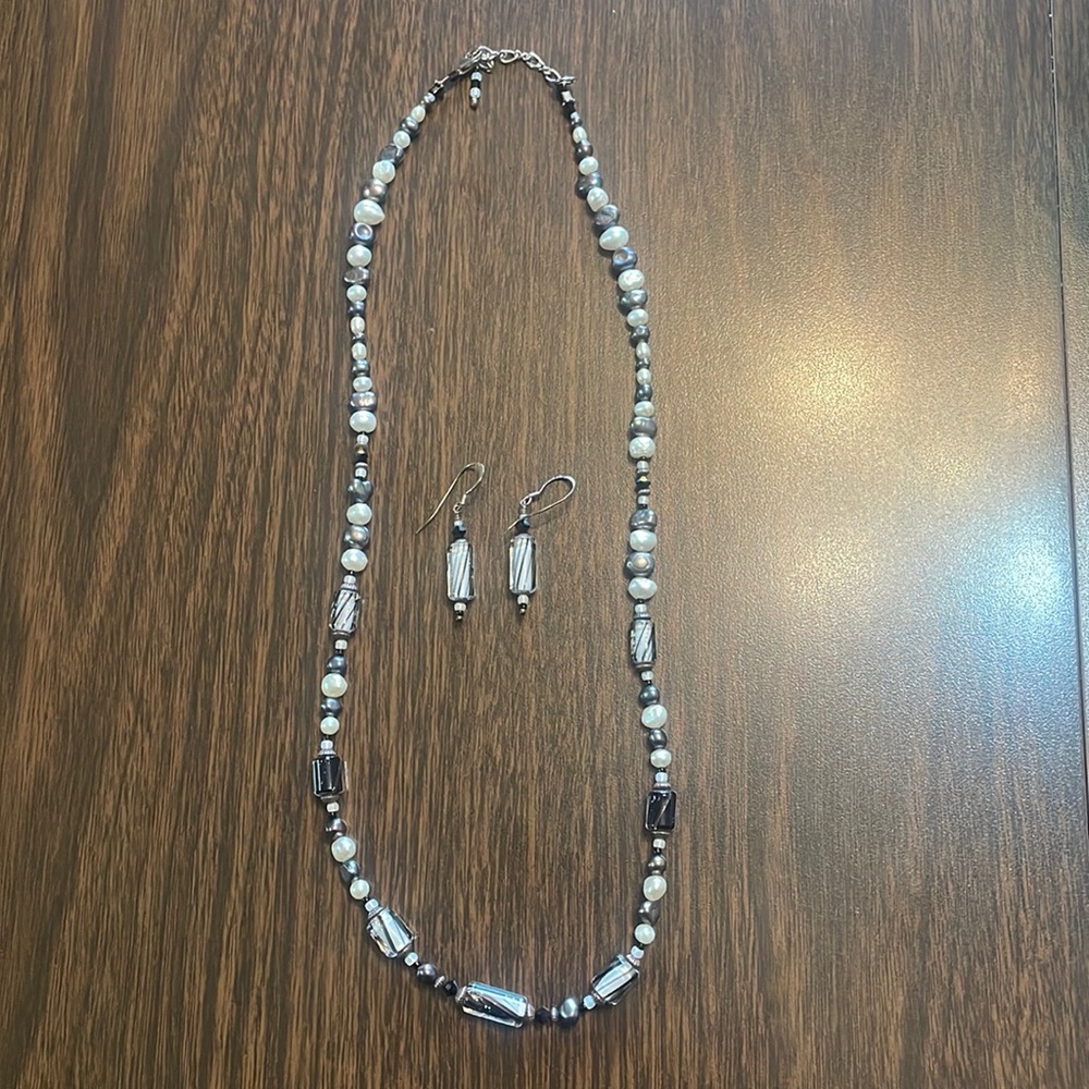 Black and White Glass Bead Handmade Necklace and Earring Set